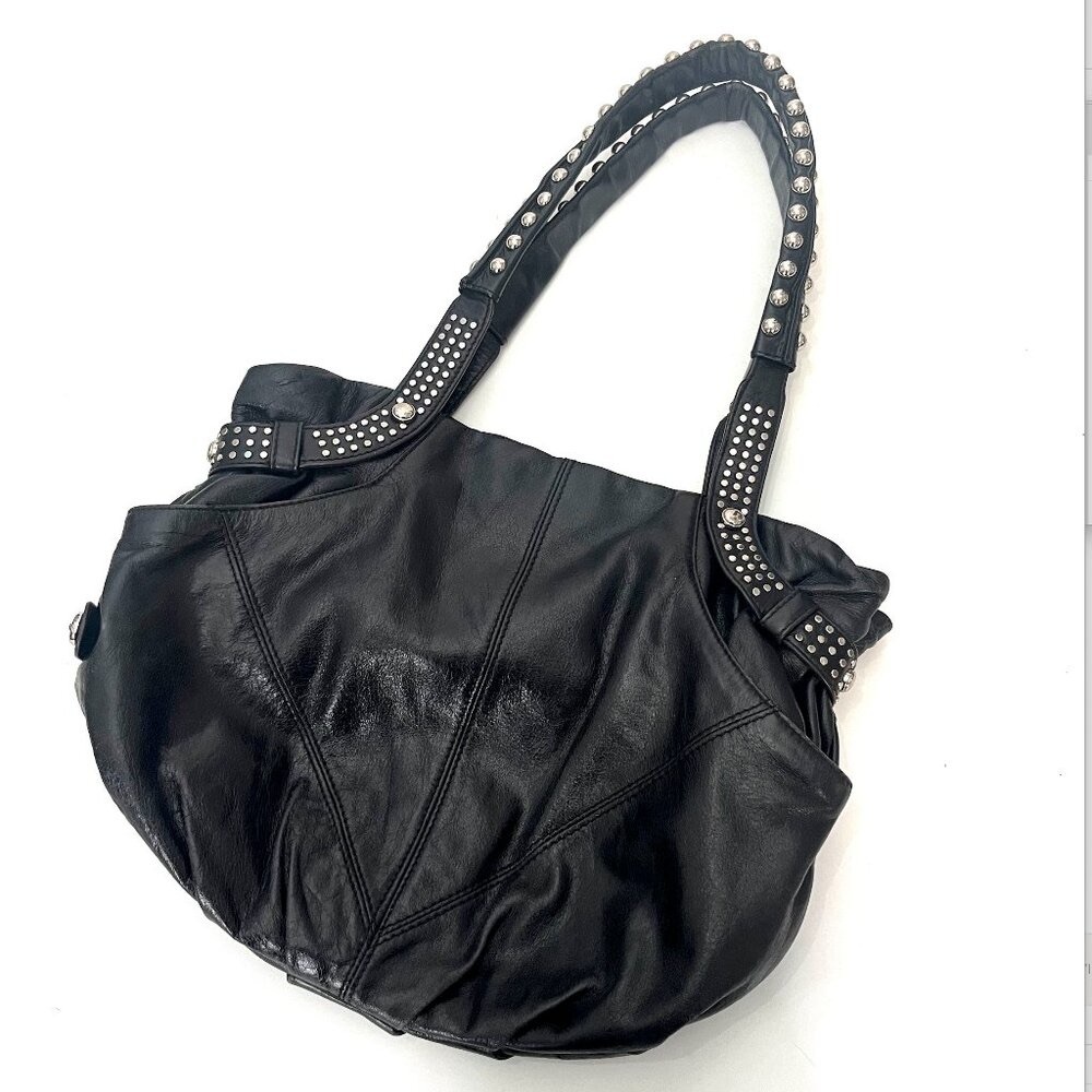 B. Makowsky Black Leather Studded Moto Shoulder Bag